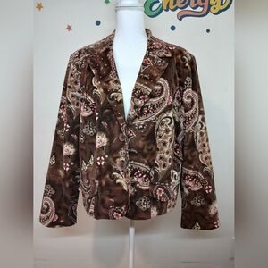 Vintage Larry Levine Woman 18W Brown Paisley Corduroy Blazer Jacket Stretch